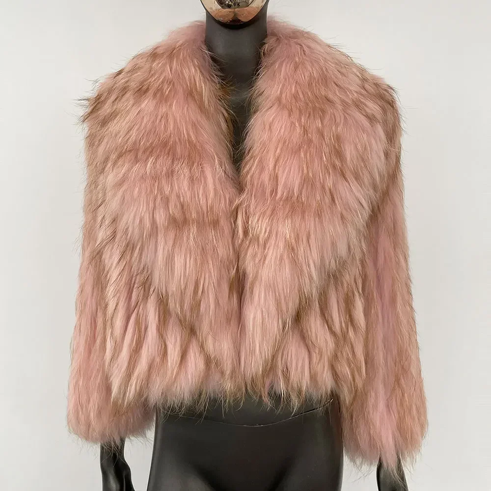 Winter Overcoat Natural Fur Collar Outerwear Short Real Natural Raccoon Fur Jacket New Fluffy Luxury Fur Knitted Coat Women