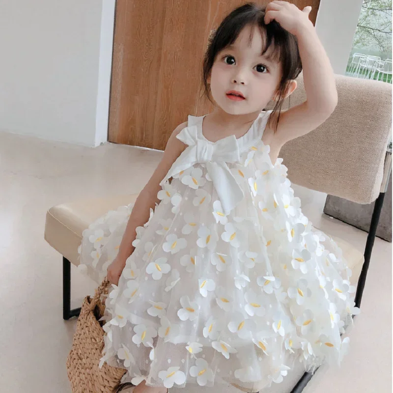 Children Girls' 3D Butterfly Dress White Princess Elegant Summer Baby Girl Mesh Clothes for Birthday Wedding Dress Suspender