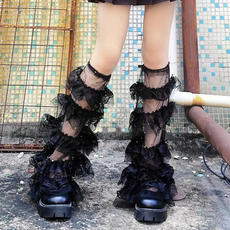 Ruffle Mesh Leg Cover Girl Lolita Sweet Sheer Layered Mid Tube Sequin Pile Calf Socks Flared Boot Cuffs Thigh Highs Socks