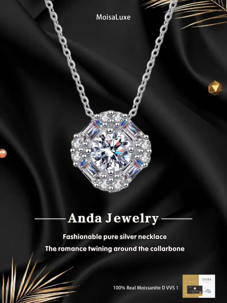 

Moissanite Plata Sterling 925 Silver Fashion Collarbone Chain Square Full of Moissanite Necklace GRA Certified
