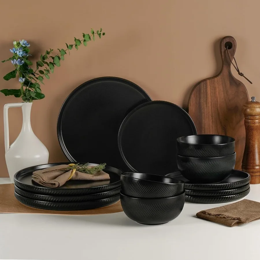 

Matte Black Plates and Bowls Set 12pcs Stoneware Dinnerware Sets for 4 Dishwasher and Microwave Safe Ceramic Dishes Set Ribbed