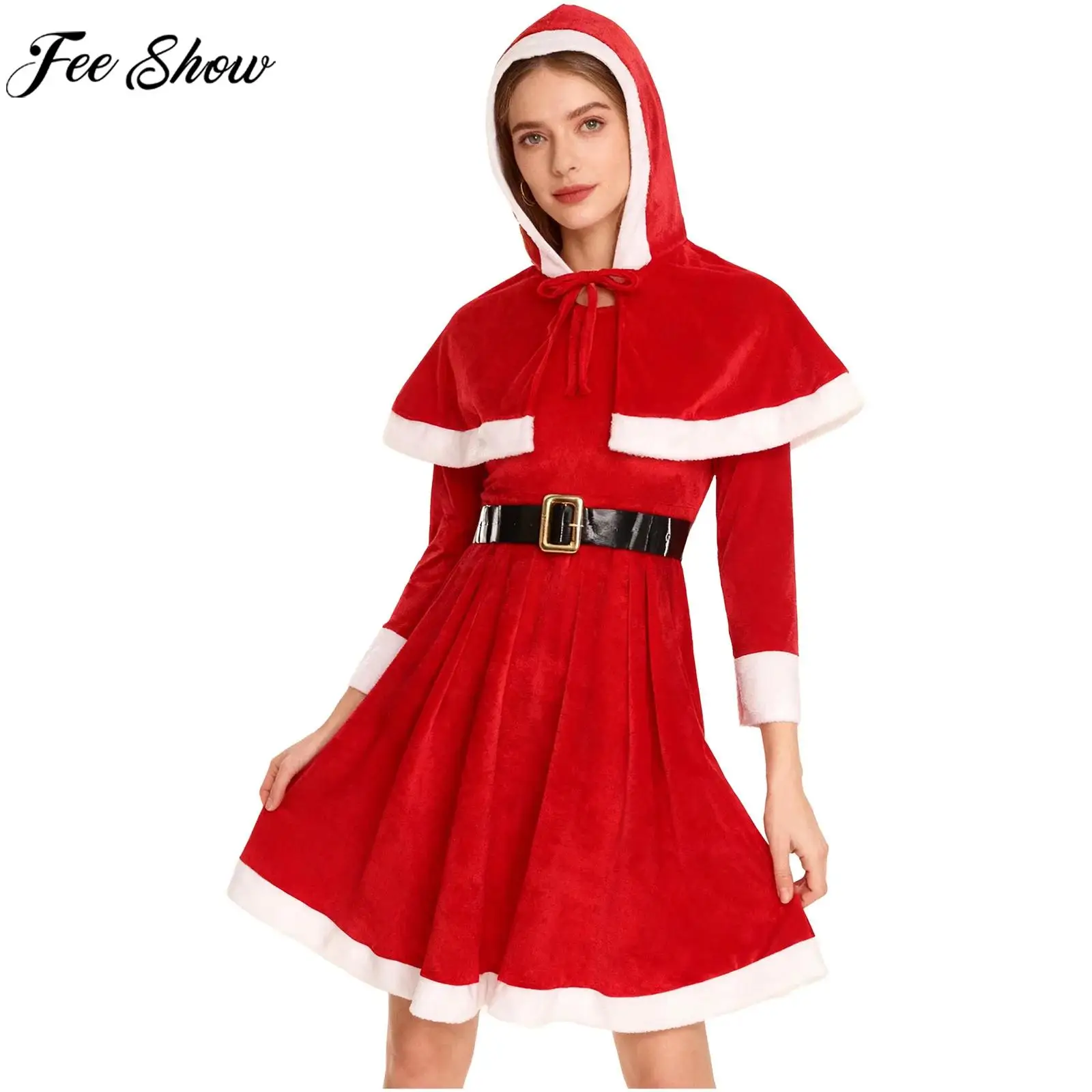 Disfraz de Papá Noel de Navidad para mujer, vestido de terciopelo de manga larga con capa con capucha, conjunto de cinturón para Navidad, fiesta de año nuevo, Carnaval