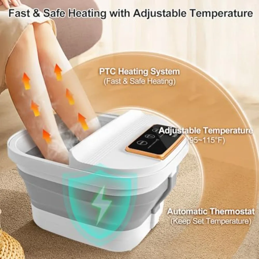 Collapsible Foot Spa with Heat and Remote Control Massage Rollers Bubble Function Foot Pedicure Kit Temperature Control Red Lig