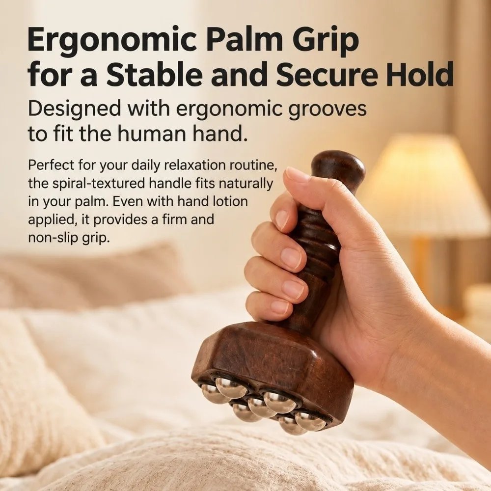 Wood Massage Roller Hand Grip Handle Multi ball Head Gua Sha Tool Metal Ball Roller Polished Surface Muscle Relaxation Tool