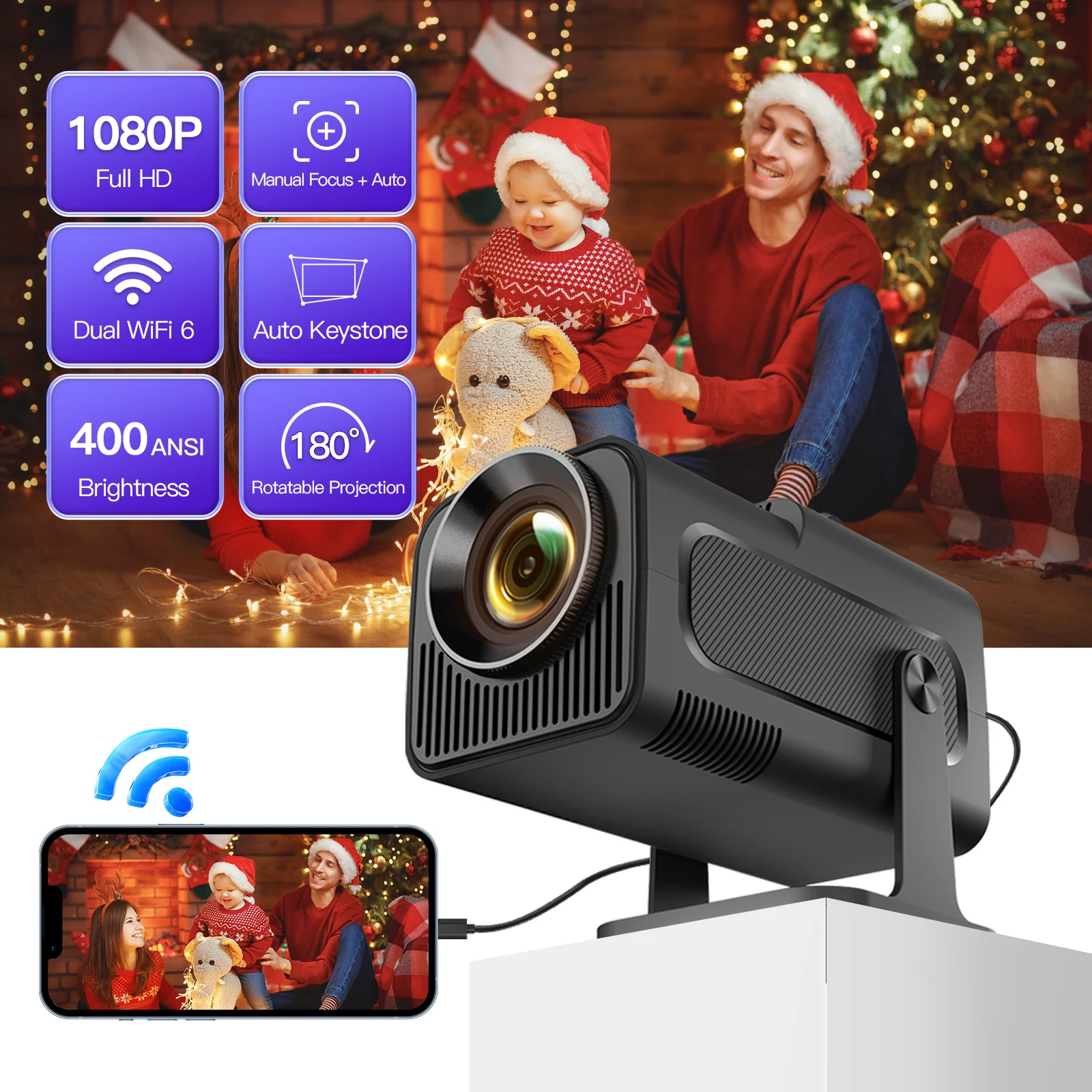 HY320 LYNCAST Smart Projector Dual WiFi6 400ANSI BT5.0 Automatic correction1920 1080P Full HD 4K Outdoor Home Video Mini Project