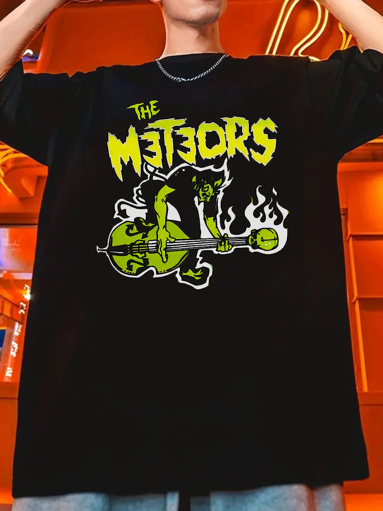 

Men's Summer Casual Black T-Shirt with The Metors Graphic Crew Neck Polyester Machine Washable Featuring Flame & Guitar Design