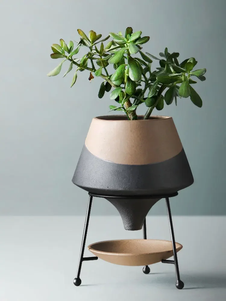 European Ceramic Flower Pot Decoration Metal Stand Abstract Irregular Vase Succulent Plant Flower Pot Modern Home Decoration New