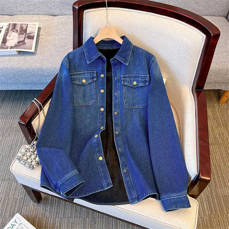 

Autumn Winter New Women Mid-Length Blue Denim Shirt Jacket Loose Big Pocket Lapel Single-Breasted Long Sleeve Cowboy Outerwear
