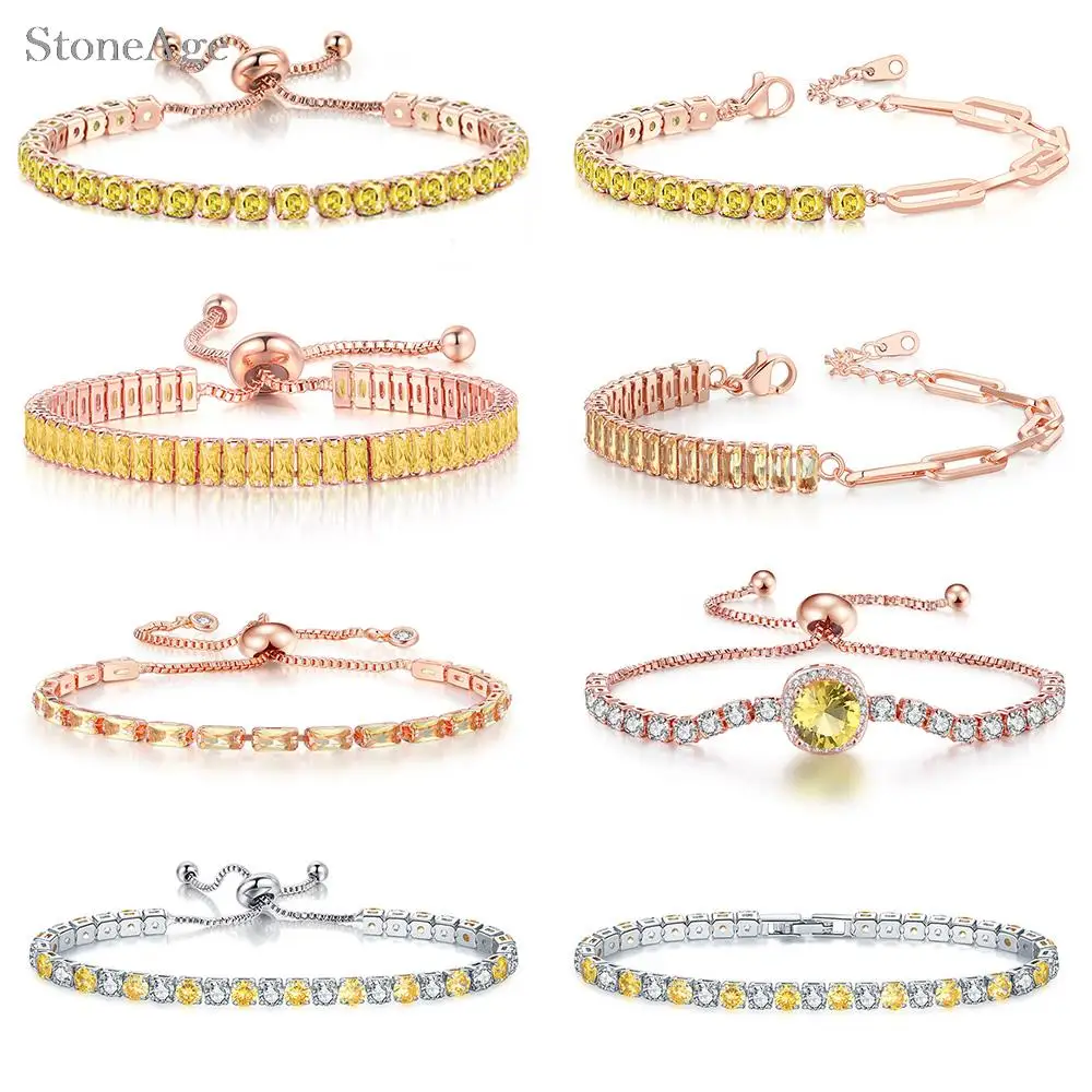 Geometric Yellow Zirconia Shiny Tennis Bracelets for Women Delicate Adjustable Folding Buckle Short Chain on Hand Trend Jewelry