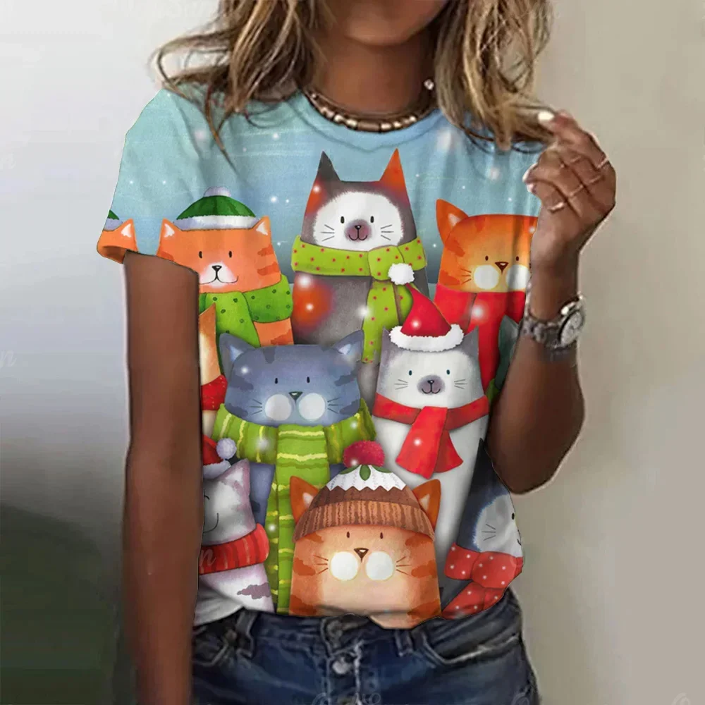 

Cartoon Women's T Shirt Christmas Cat Graphic Girl Clothes Summer O-Neck Short Sleeve Tees Female Streetwear Oversized Blouse