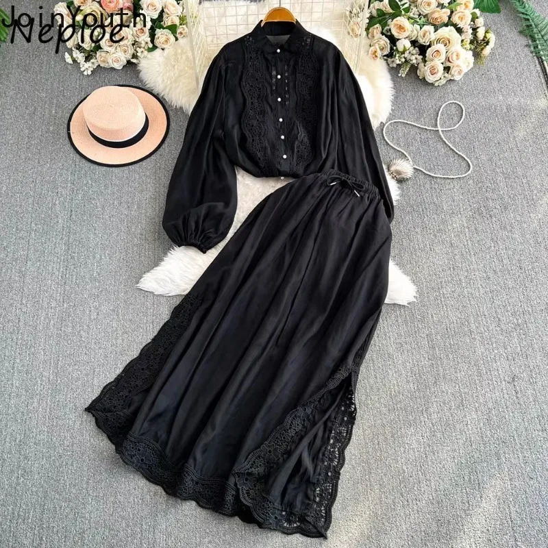 Two Piece Set Women Stand Collar Lantern Sleeve Shirt Hollow Out Patchwork Lace Falda High Waist Slim Skirt Outfits Vintage Suit