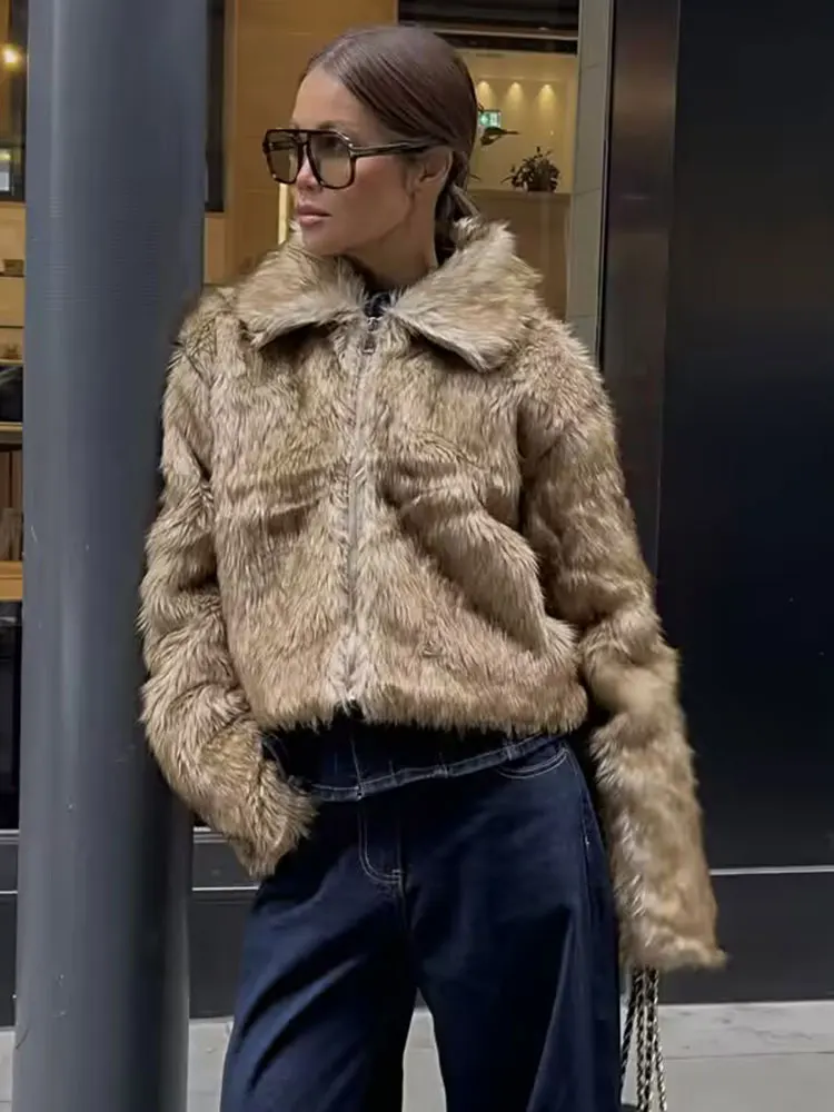 

HH пальто из искусственного меха для женщин осень-зима модная винтажная куртка на молнии с лацканами и длинными рукавами повседневная офисная женская верхняя одежда одежда