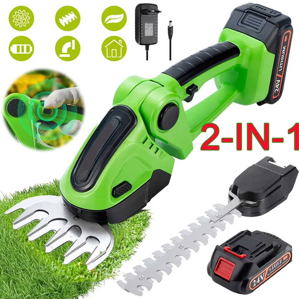 2-in-1 Akku-Heckenschere, 24V Elektrischer Grasschneider, Handgehaltene Strauchschere, Leichte Grasschere, Wiederaufladbares Gartenwerkzeug mit Akku