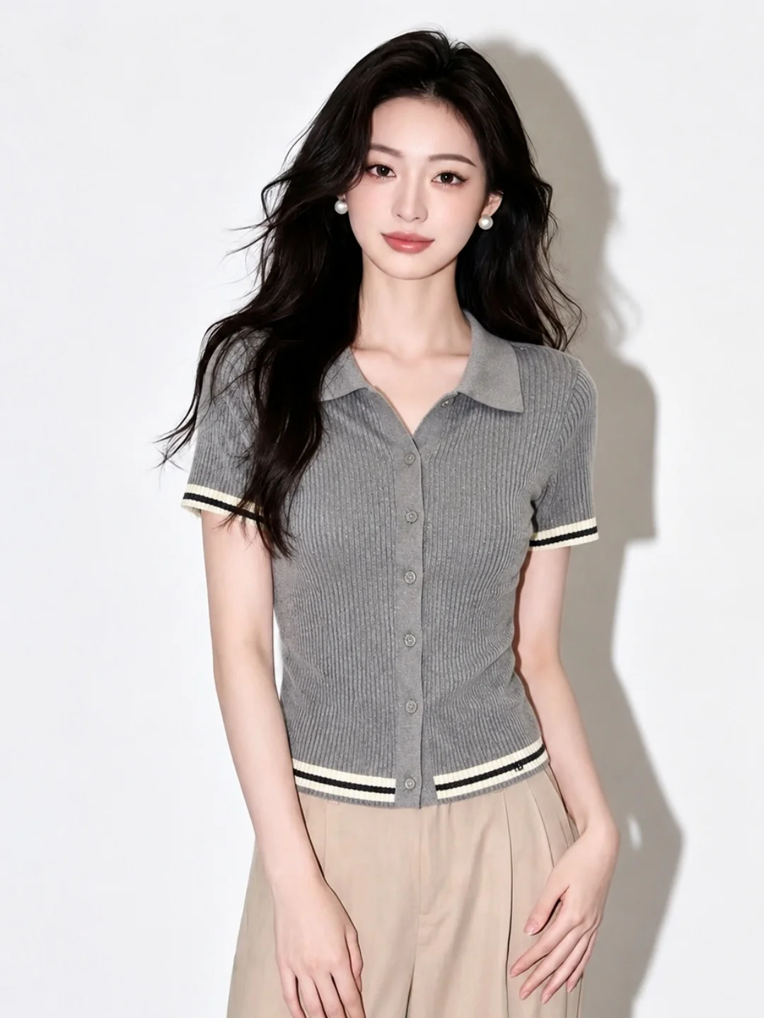 

Slim Fit Short Sleeve Knitwear Single Button Contrast Color Commute Style Fashionable Summer Top Women's Silk Blend Shirt