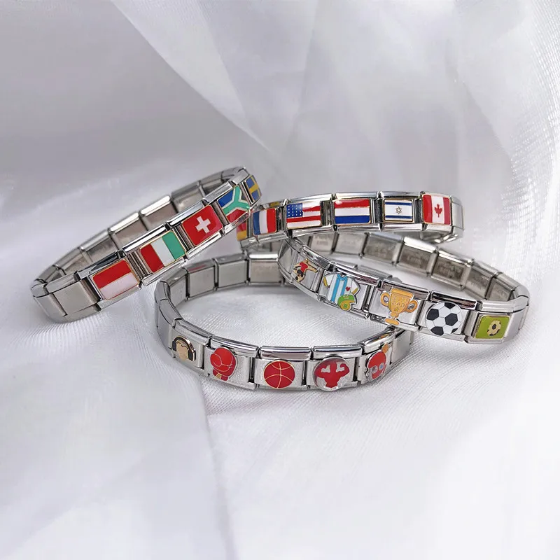 New Stianless Steel World National Flag Football Enamel Italian Links Charm Fit 9mm Bracelet Hand Chain DIY Jewellry Making Gift