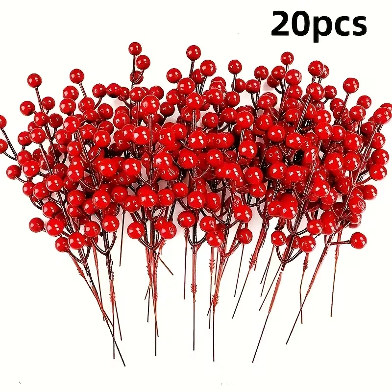 

20/5pcs Christmas Artificial Red Berries Stems for Xmas Tree Hanging Fake Flowers Plants Ornament New Year Home DIY Decorations