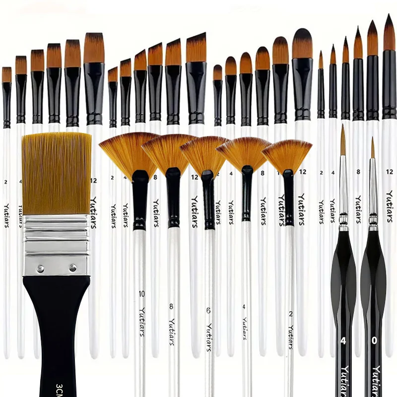 32-Piece Artist Brush Set, Multi-Functional Nylon Bristles for Acrylic，Includes Round, Angle, Flat, Fan, Detail Brushes