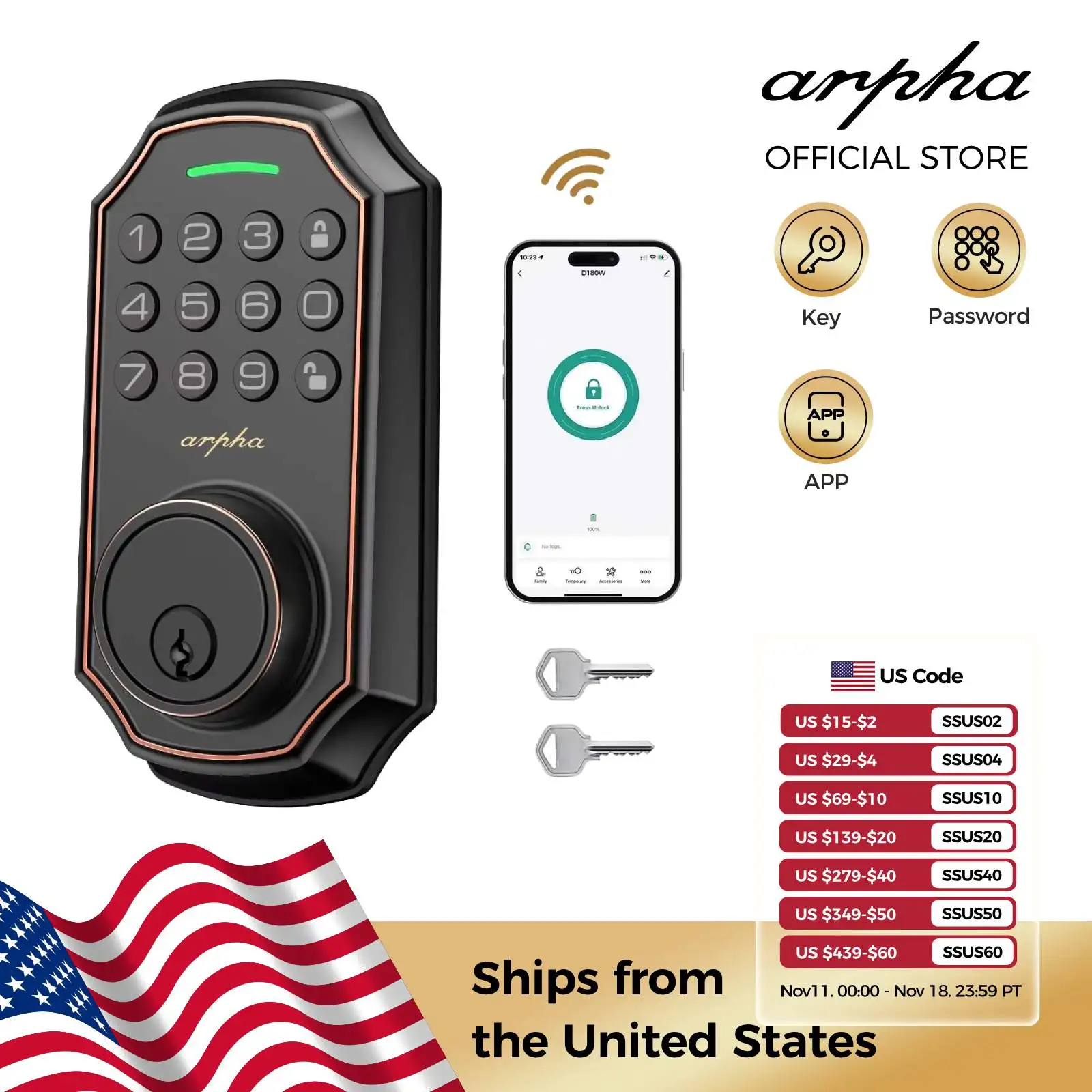 

Arpha Smart Door Lock ‎D180W WiFi Electronic Lock w/ 50 Passwords Combination Lock APP Remote Door Locks Control Easy to Install