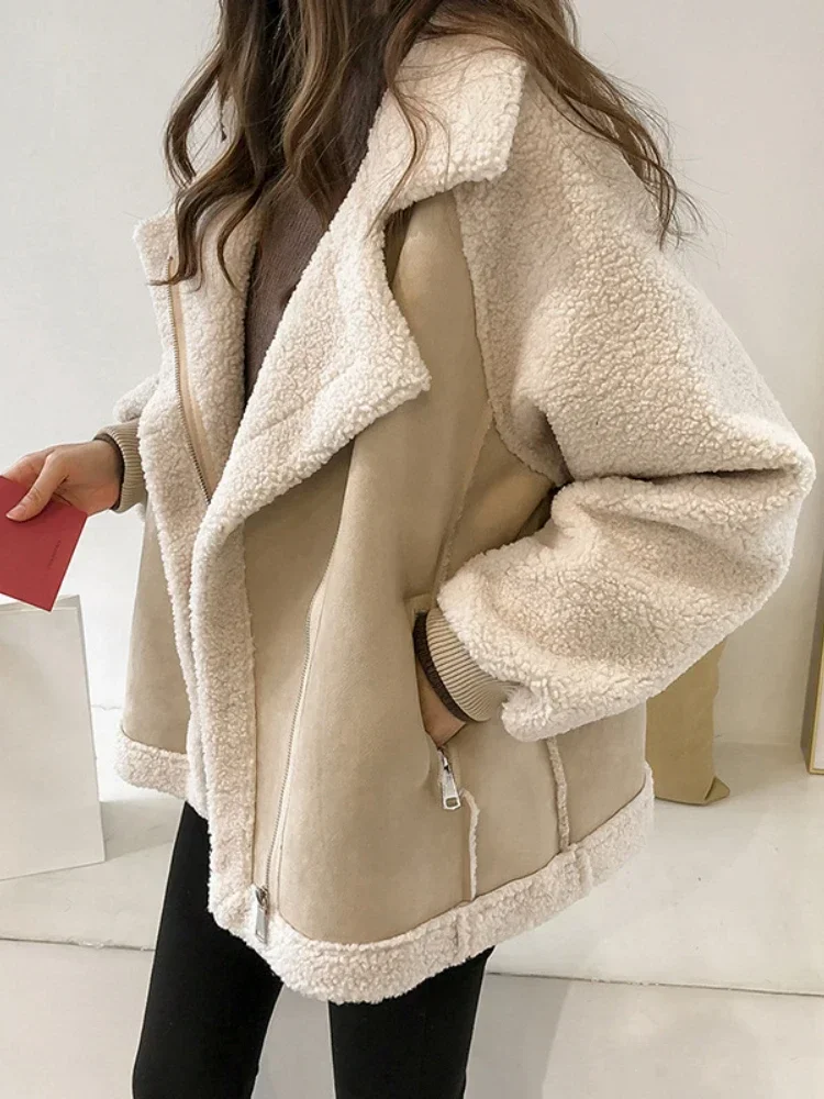 

Jacket Women Topcoat Bomber Coat Thicken Casual Loose Outerwear Pocket Lamb Hair Autumn Winter Female Clothing Girl Streetwear