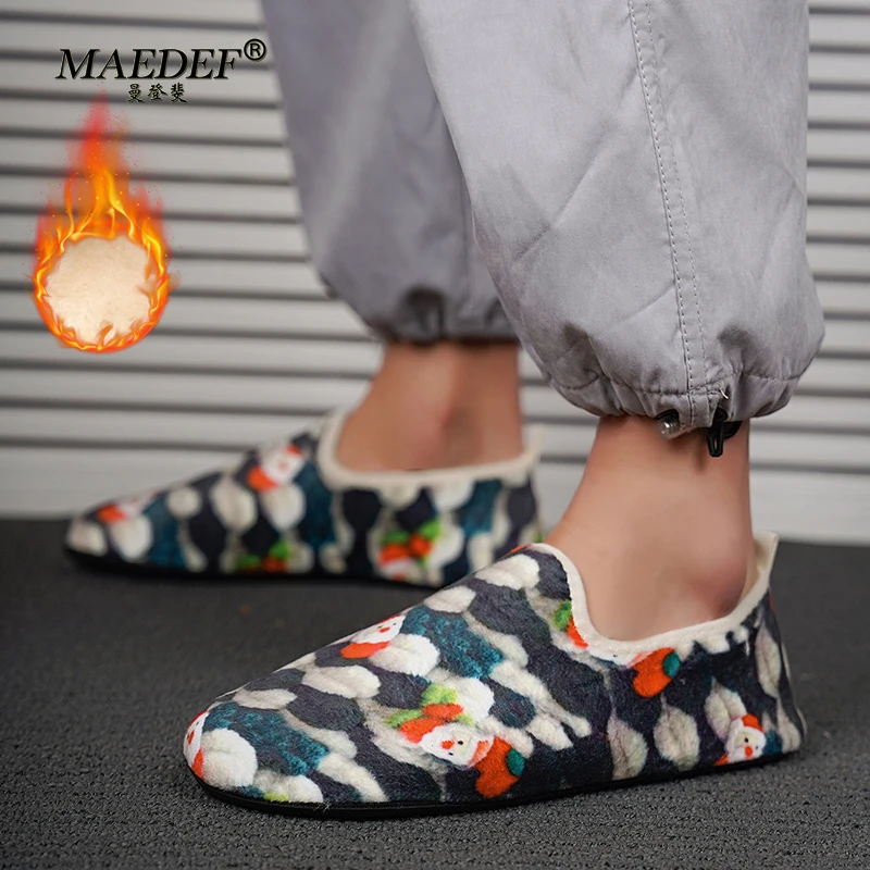 MAEDEF Men Winter Warm Indoor Slip-on Cotton Shoes Christmas Gift for Men Women Plush Slides Soft Home Shoes Leisure Flats Shoes