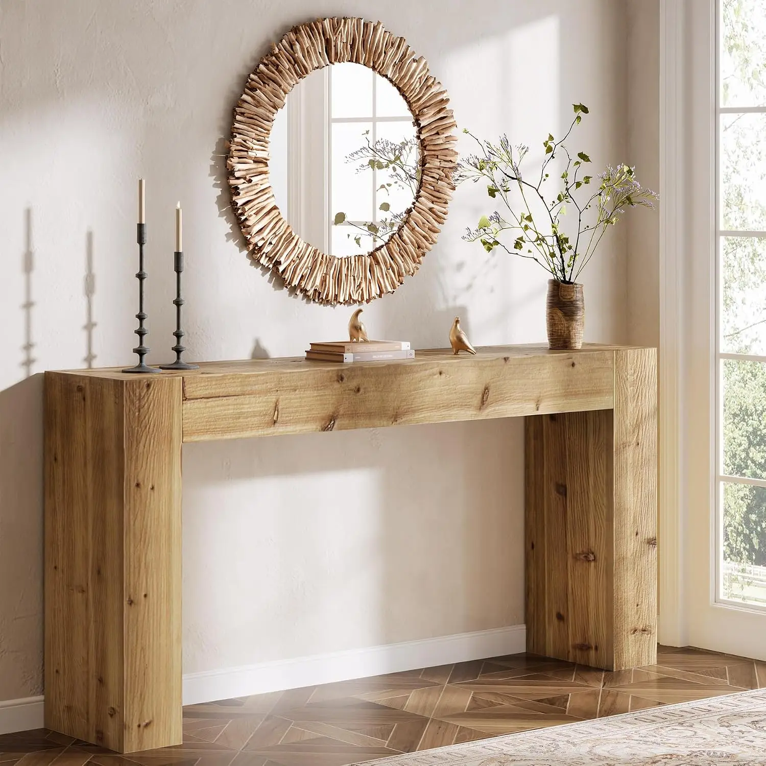 Solid Wood Console Table 63-Inch Farmhouse Behind Sofa for Entryway Living Room Foyer Easy Assembly Light Wood, Customized