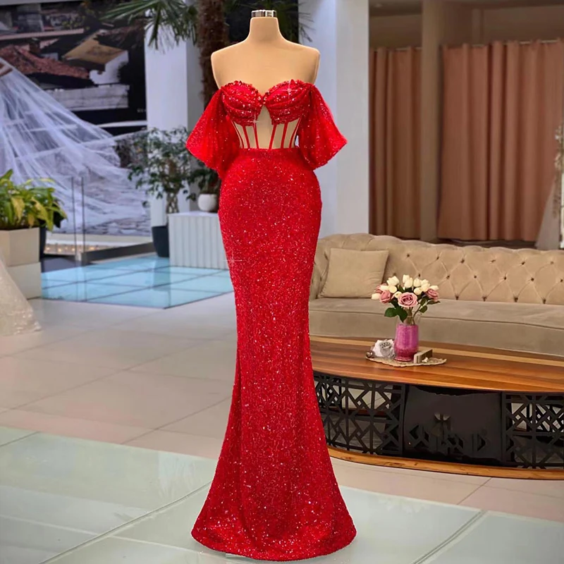 Gilter Red Sequined Mermaid Evening Gowns Sexy Off The Shoulder See Through Prom Dresses Elegant Floor Length Formal Party Dress