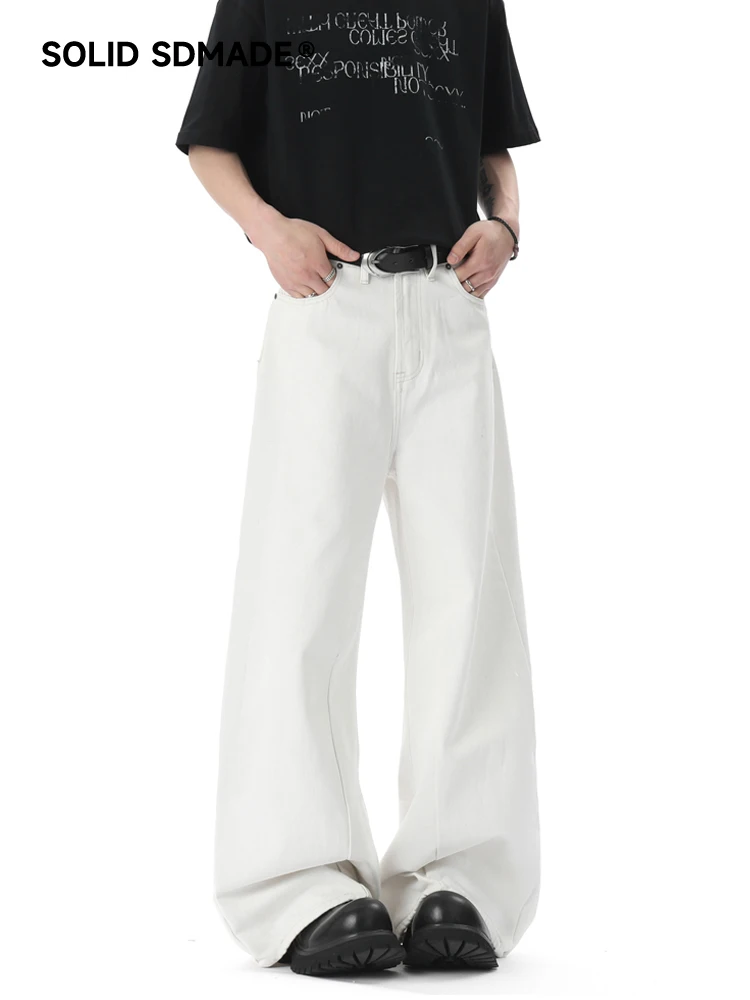 SDAMDE American Style White Jeans Loose Wide Leg Trousers Men Women Splicing Design Sense Bent Knife Jeans Casual Cotton