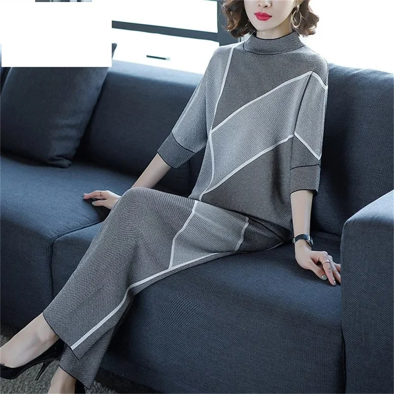 2024 Women New Autumn/Winter Fashion Leisure Ice Silk Knitted Set for Women Stylish, Loose Slim Wide Leg Two Piece Set Women Nen