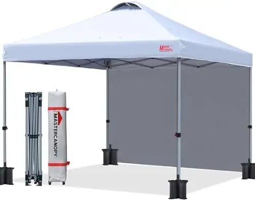 10x10 Durable Pop Up Canopy Tent with 1 Sidewall, White | Durable, 1 Person Setup Instant Shelter, Outdoor Portable