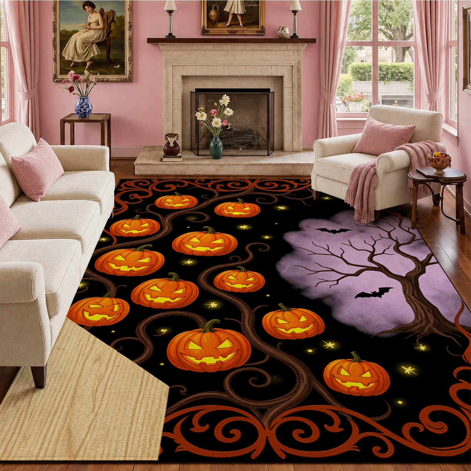 Spooky Jack-O'-Lantern Pumpkin Bat Pattern Doormat Velvet Fabric Machine Washable Stays Firmly in Place Great for Entryway Hallway Living Room Front Door Ideal for Halloween Thanksgiving Christmas New Year Black Friday Cyber Monday Decor