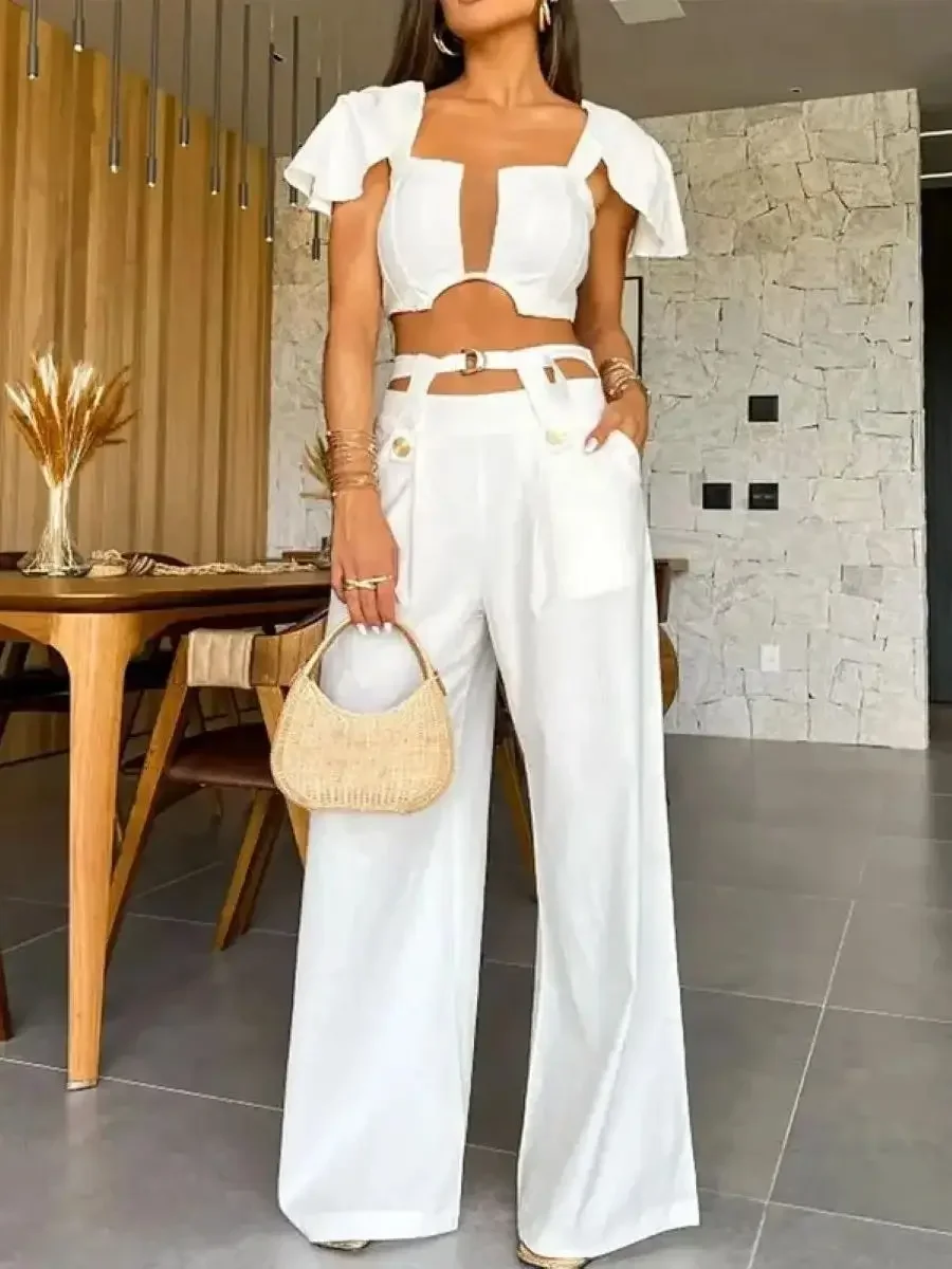 

Summer Elegant Solid Women Two Piece Set With Pants Deep V Square Collar Sexy Short Top Wide Leg Pants Suit Office Lady Clothing