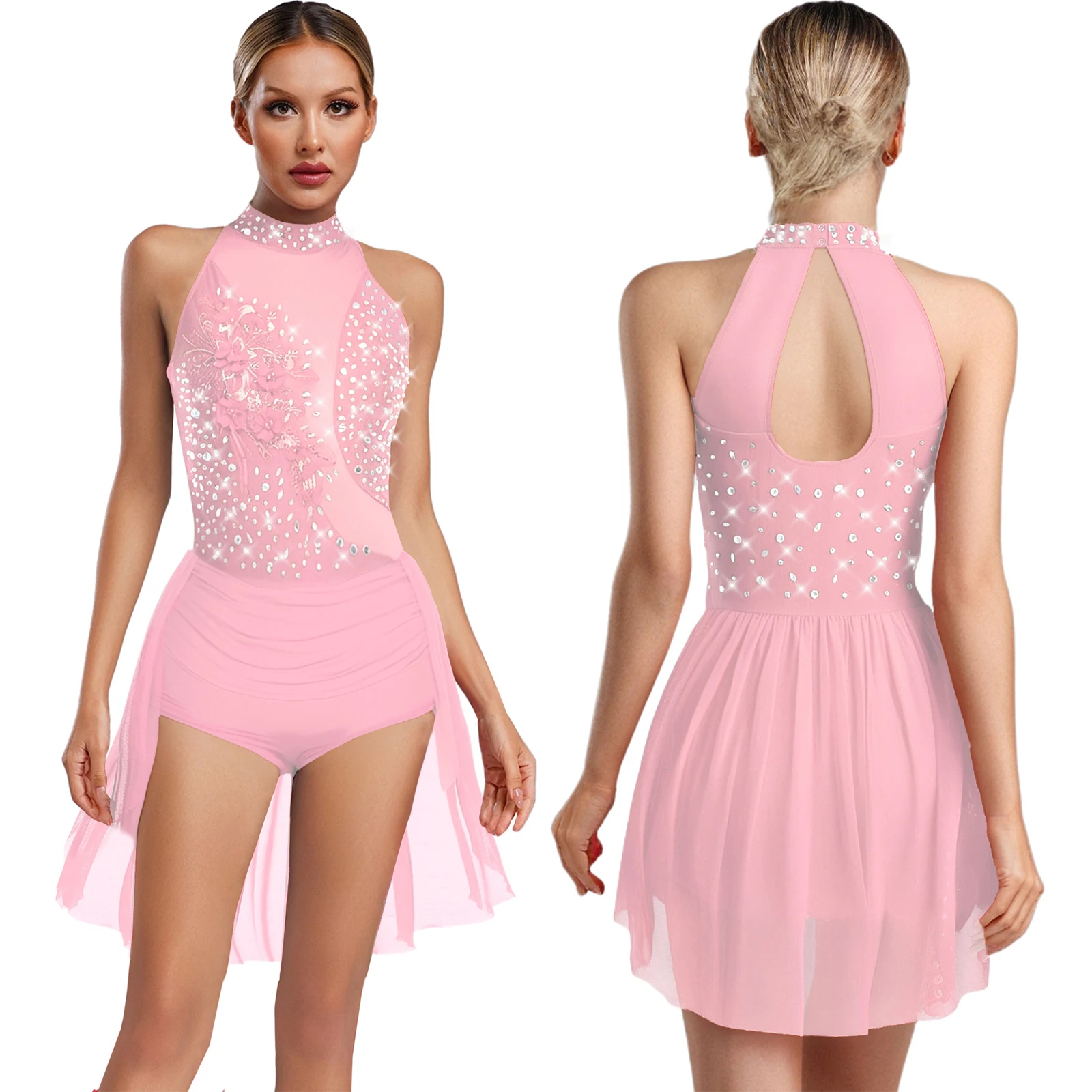Combinaison une pièce de gymnastique latine pour femmes, body de danse avec appliques, strass scintillants au dos, justaucorps ajouré, jupe irrégulière