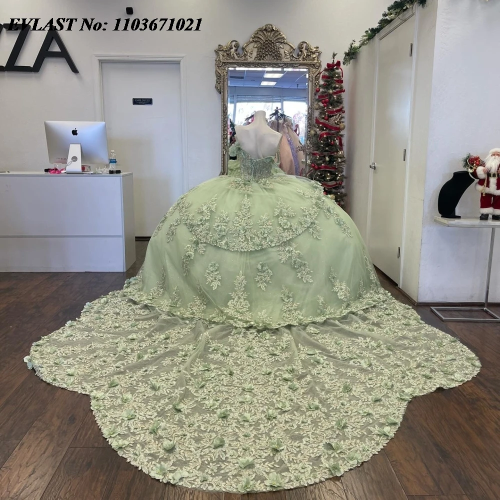 EVLAST 2024 Mint Quinnceanera Dress Ball Gown 3D Lace Applique Beaded Crystal Tiered Corset Sweet 16 Vestidos De 15 Anos SQ686