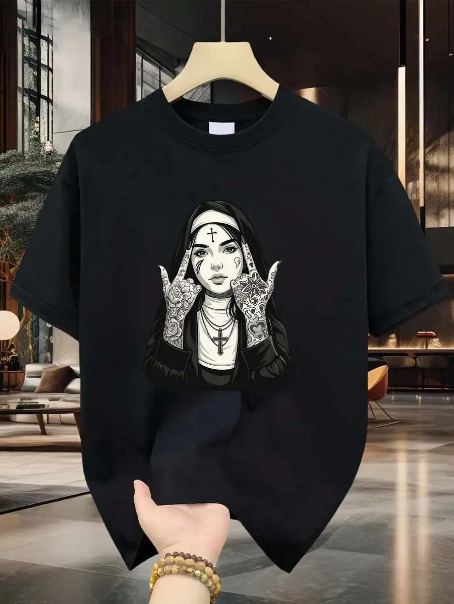 Men'S T-Shirt With Tattooed Nun, Gothic Floral Cross Hand Sign Print Pattern | Pure, Premium Print