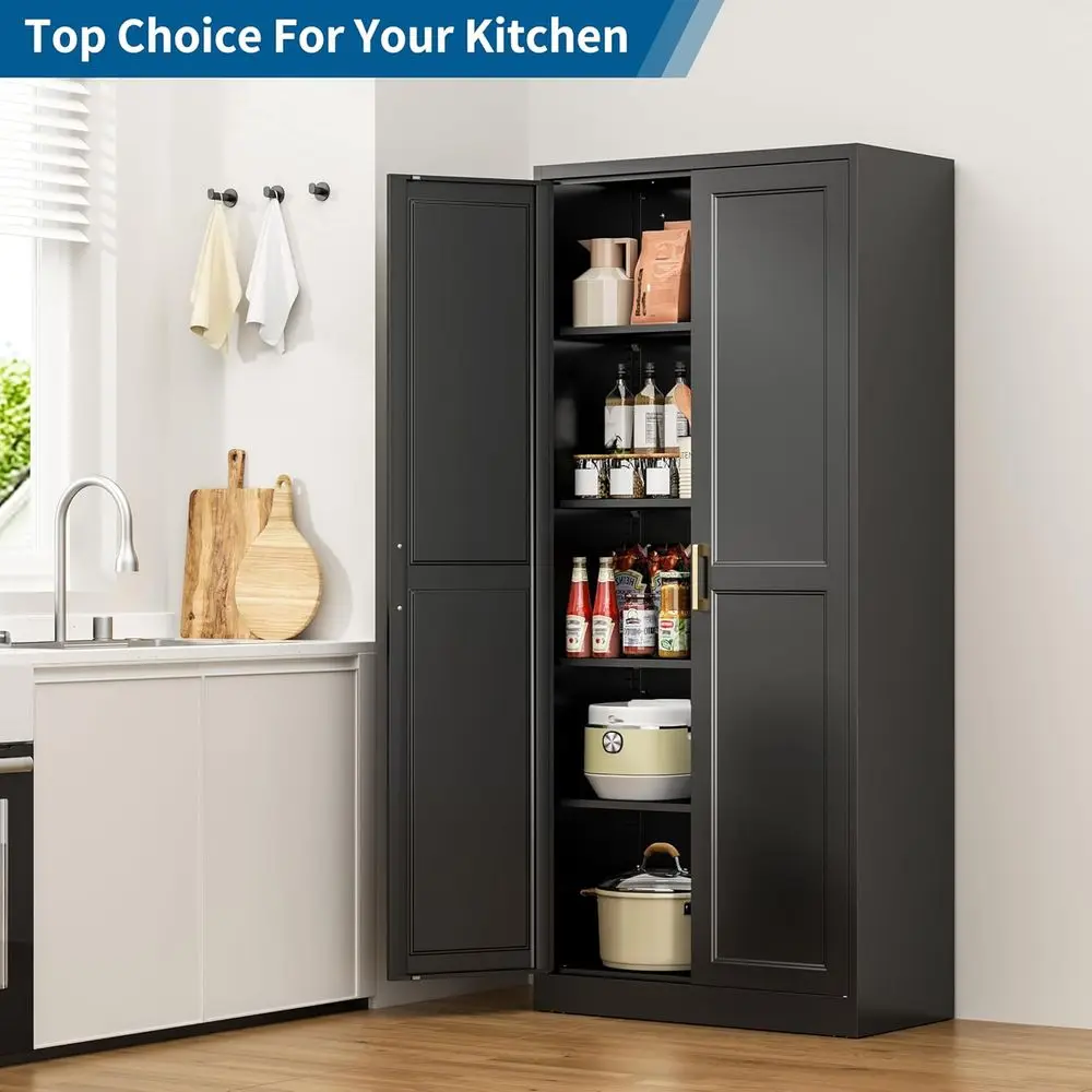 71Metal StoraCainet with 4 Adjustale Shees, lack Tall Pantry Cainet with Do, 180 ls Load Per Shel, Heavy Duty Steel Organizer or