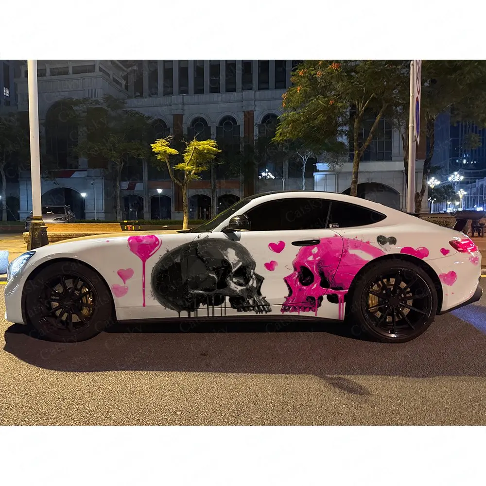 2pcs Black Pink Skulls With Heart Car Side Wraps, Self-Adhesive PVC Waterproof & Scratch-Resistant Stickers, Car Accessory Gift