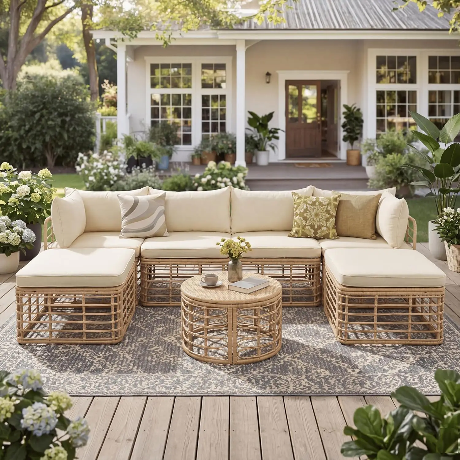 7 Pieces Outdoor Furniture Set, All-Weather Rattan Sectional Sofa Set with Thick Cushions and Pillows, Freely Combined, Custom