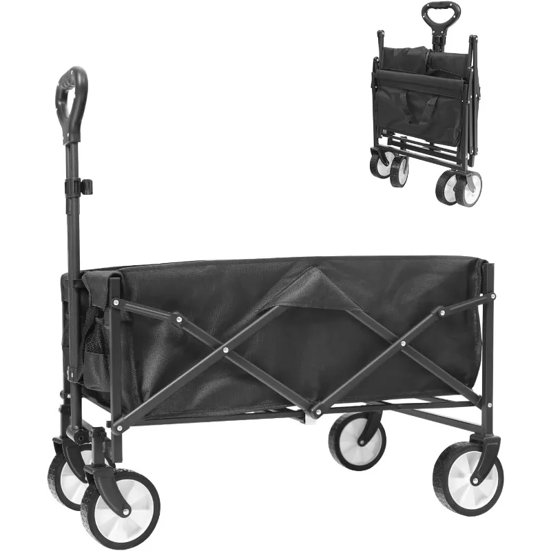 Collapsible Folding Outdoor Utility Wagon, Beach Wagon Cart with All Terrain Wheels & Drink Holders, Portable Sports Wagon