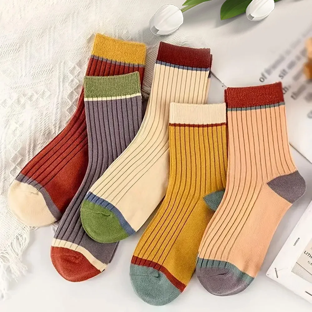 

5/10 Pairs Women Color Matching Socks Cute Socks Autumn And Winter Soft Breathable Socks