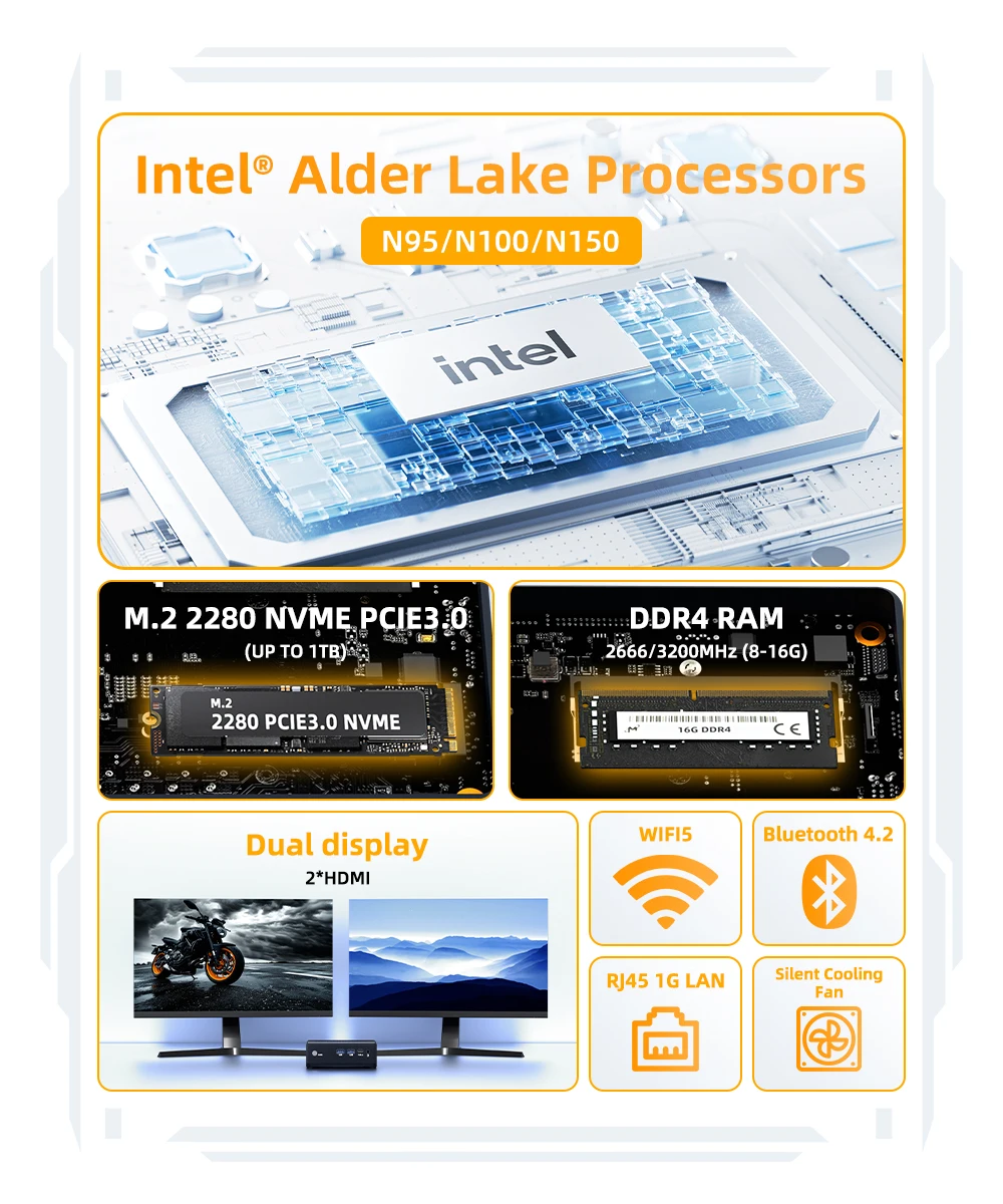 YCTipc Alder Lake N100 Mini PC Windows 11 Pro WiFi5 BT4.2 DDR4 16 GB di RAM 512 GB NVMe SSD RJ45 Desktop Office