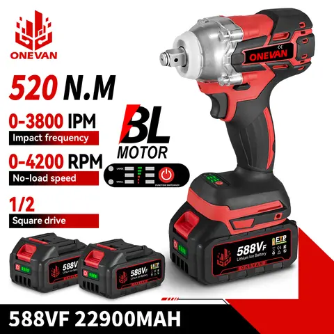 ONEVAN 520N.M 브러시리스 전기 임팩트 렌치 1/2 인치 무선 스크루 드라이버 렌치 드릴 전동 공구 Makita 18V 배터리 핀