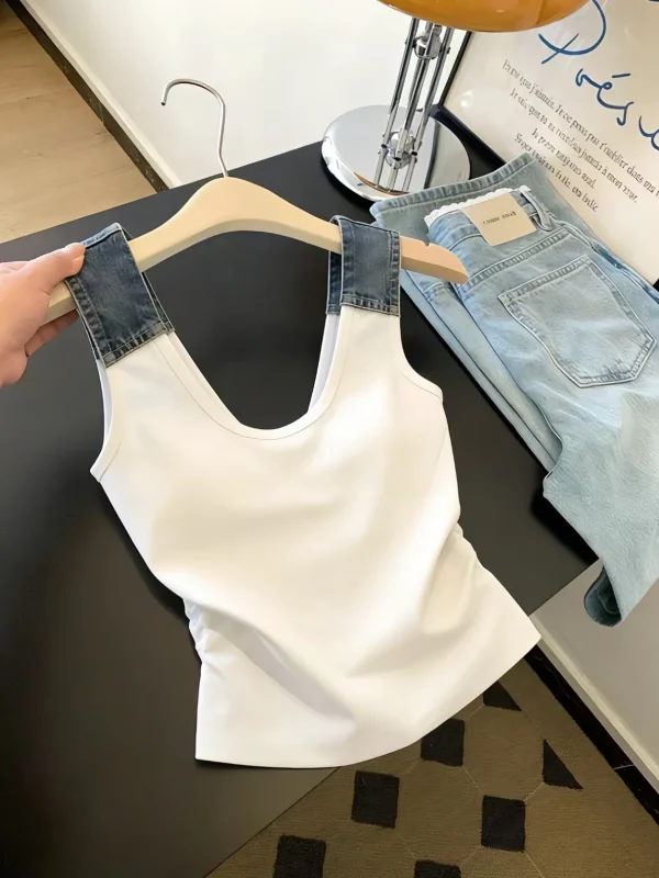 

Summer New Style Women's Denim Patchwork Halter Top Self-kept Design Korean Version Commute Style Cotton Blend Sleeveless