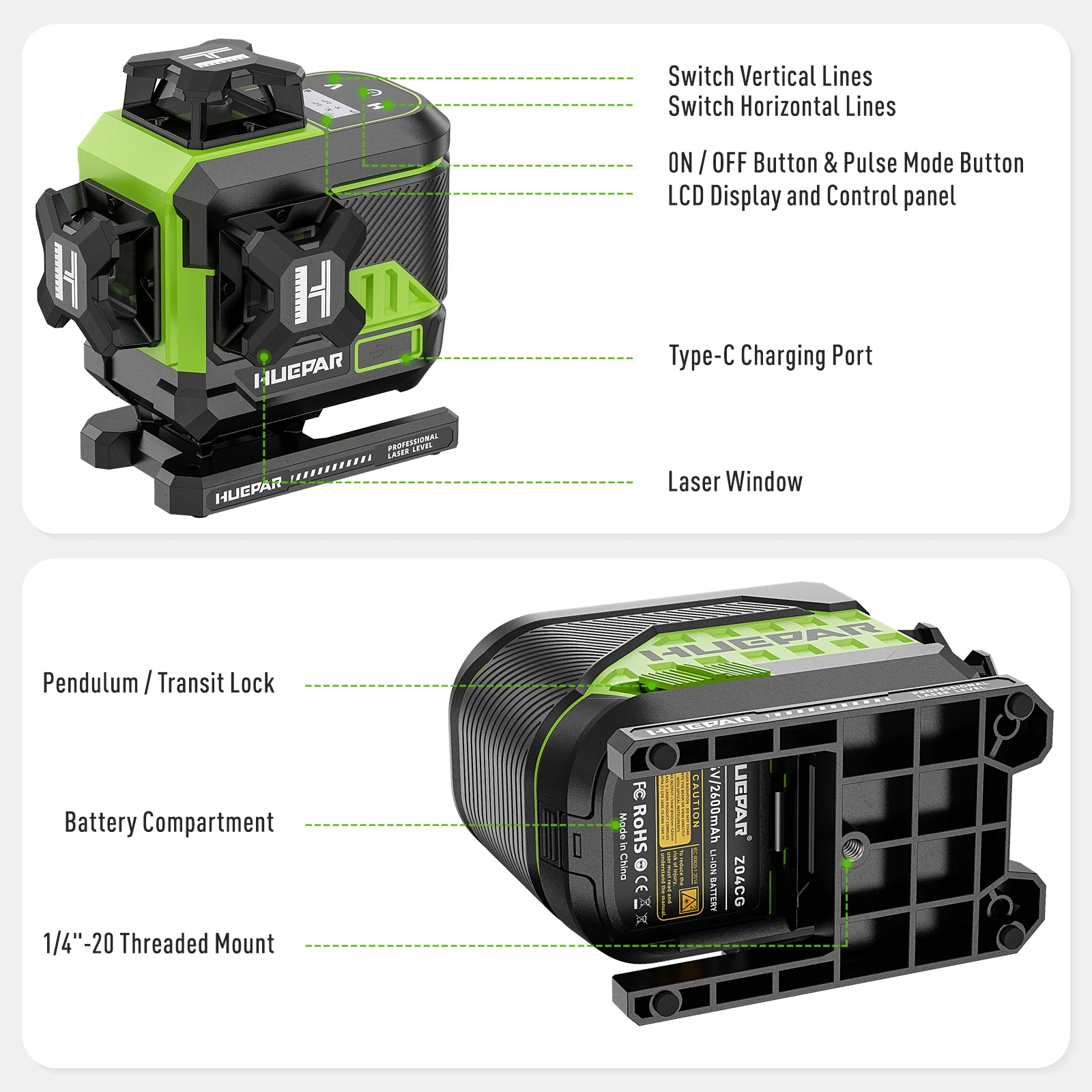 Niveau Laser Vert 4D 16 Lignes HGLINE - Auto-nivelant 360° Avec 2 Piles Et Télécommande