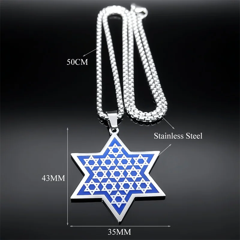 اليهودية السداسية العبرية قلادة الفولاذ المقاوم للصدأ اللون الأزرق نجمة داود درع إسرائيل سلسلة القلائد مجوهرات colar N8140S01