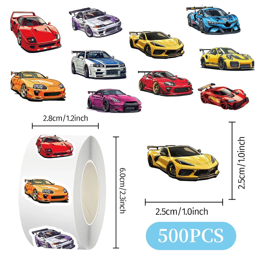500pcs/Roll Retrofit Racing Car Cartoon Stickers Waterproof Graffiti Laptop Luggage Bike Skateboard Cool JDM Sticker Toys