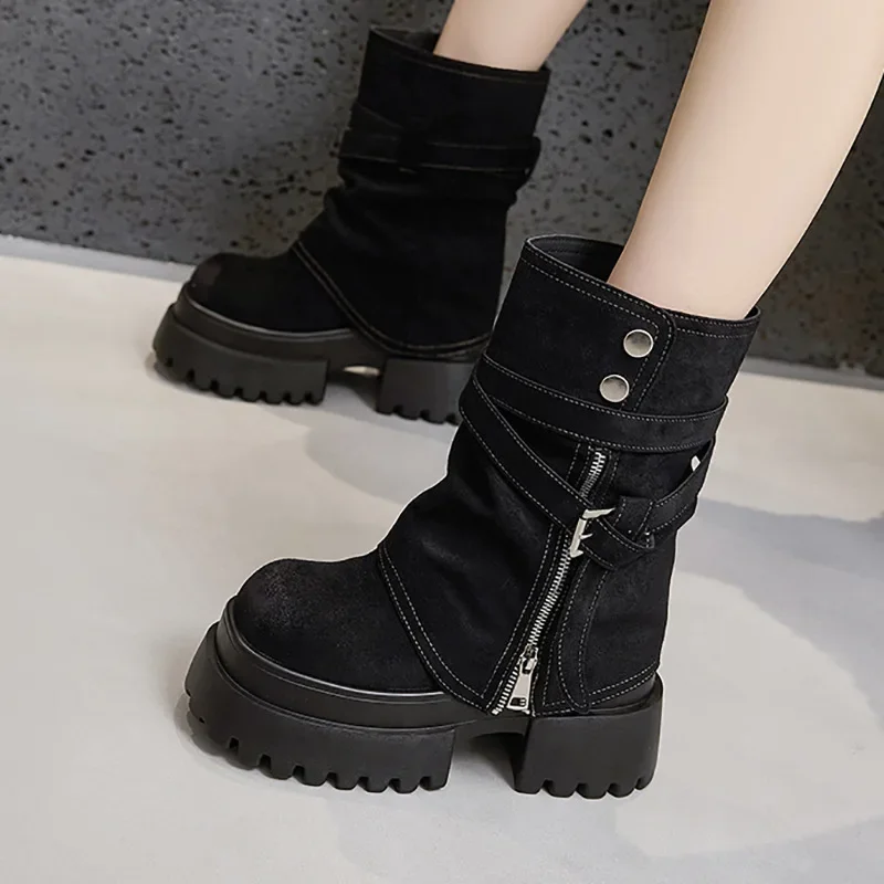 10cm 4 Inch Women Ankle Boots Platform Heel Sneakers Booties Black Brown Genuine Leather Shoes Motorcycle Spring Autumn
