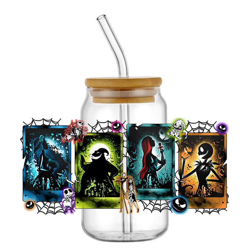 Cartoon Skeleton Cup Waterproof Decals UV DTF Cup Wrap Iron On Transfer Jack Sally Decals 16oz for Libbey Glass