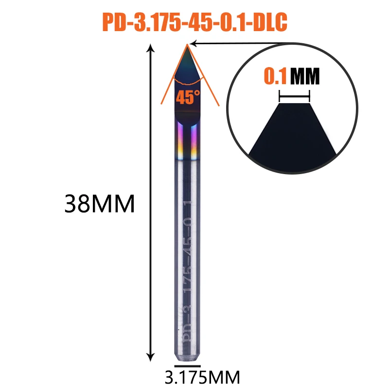 Dreanique 1 Stück Hartmetall-Leiterplatten-Gravurbit mit flachem Boden, 3,175 mm Schaft, DLC-beschichtet, 30 60 90 Grad, 0,1 0,2 0,3 mm Spitze, V-Nut-Bit-Werkzeug