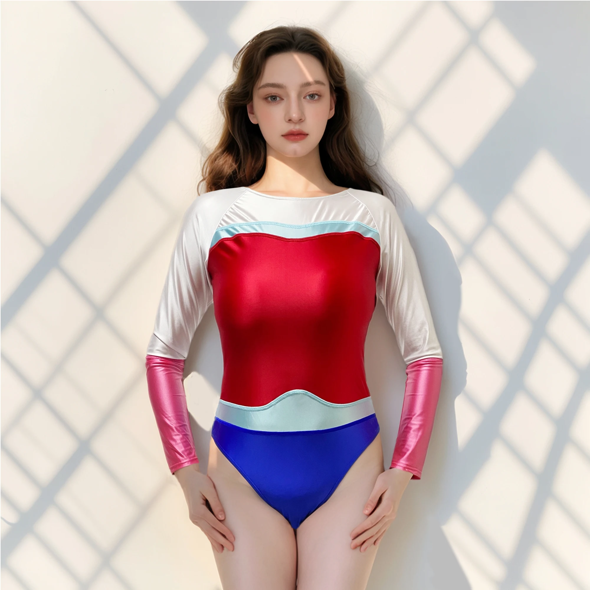 XClocKNYoung satin glossy One piece swimsuit XCKNY glossiness series Color block long sleeve smooth Surfing competitive swimsuit