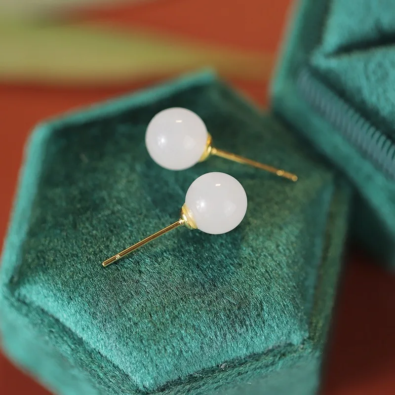 PANJBJ 925 Sterling Silver Hotan Jade Stud Earring for Women Girl Round vintage Luxury Jewelry Banquet Gift Dropshipping